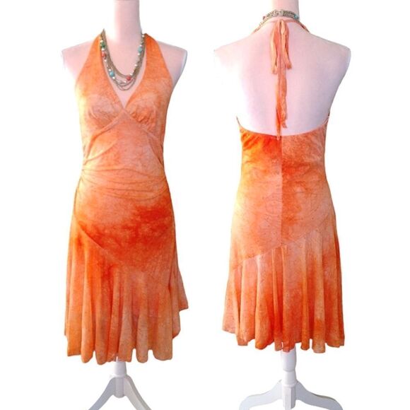 VTG Y2K Orange Tie Dye Sequins Asymmetrical Halter Slip Dress *Medium - Picture 1 of 17